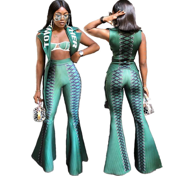 Thicken Printed Sets Cardigan Sleeveless Coat Flared Pants CCY8229