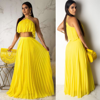 Chiffon Yellow Sets Halter Neck Top Long Pleated Skirt D8284