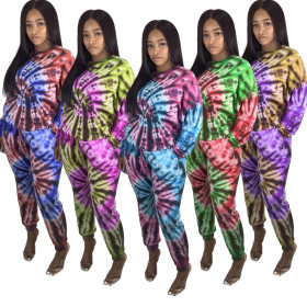 Two-piece tie-dye printing multicolor leisure sports suit LA3214