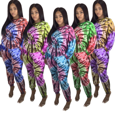 Two-piece tie-dye printing multicolor leisure sports suit LA3214