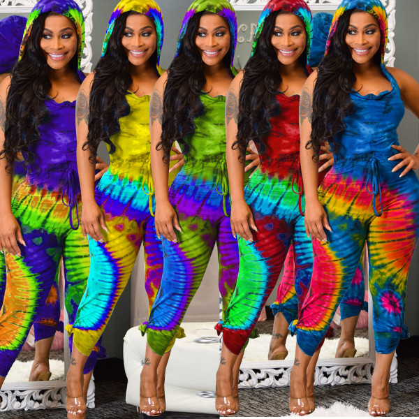 Backless Digital Printing Hooded 5 Colors Mid Waist Jumpsuit ALS118