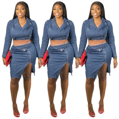 Crop Top Split Skirt New Design Casual Denim Ladies Suits Q395