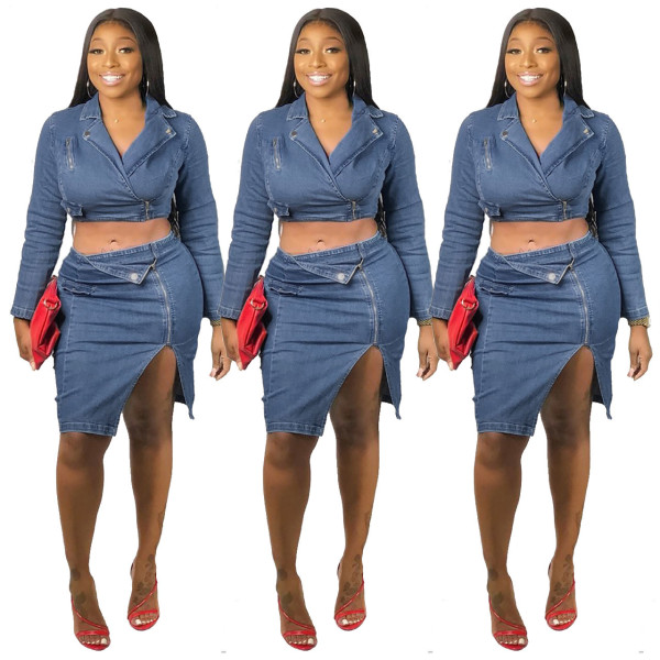 Crop Top Split Skirt New Design Casual Denim Ladies Suits Q395