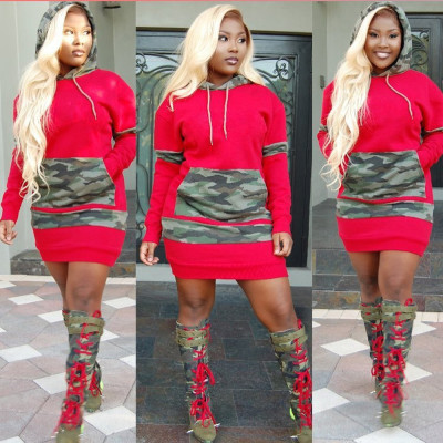 Fashion Leisure Camouflage Patchwork Hooded Dress OMY5042