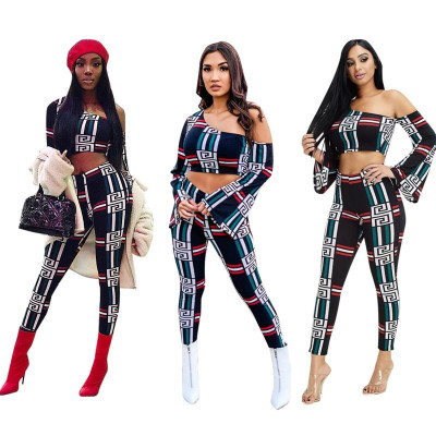 Sexy One Shoulder Crop Tops Plaid Pants Outfits BLX5227