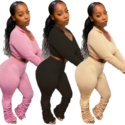 Sexy Solid Color V-Neck Long Sleeves Mini Top With Pleated Trousers Two Piece Set LY5848