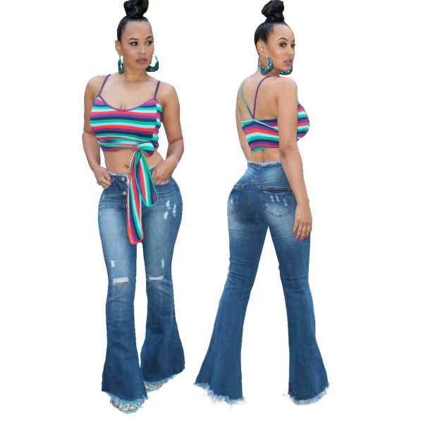 Joker wide-legged washed and worn buttons decorated denim stretch flared pants HSF2101