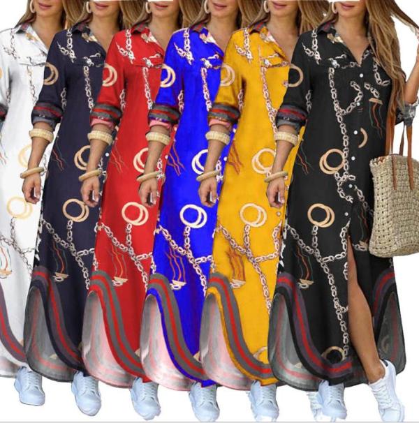 Autumn Pattern Printed Long Sleeves Loose Plus Size Midi Shirt Dresses L0320