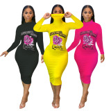 Fashion flower print high neck long sleeve dress ML7368