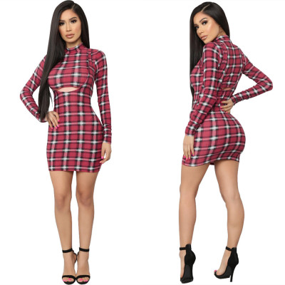 Cheap Plaid Bodycon Suits Crop Top Condole Belt Skirt LS6212