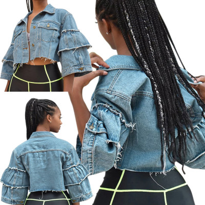 Stylish Denim Acid?Washes Flares Sleeves Short Coat SMR9391