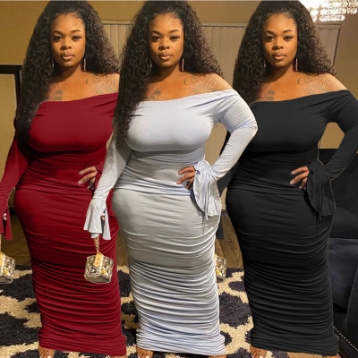 Fashion Solid Color Off Shoulder Long Flared Sleeves Pleated Bodycon Long Dress ALS214