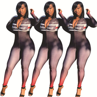 New Positioning Printing Zip Up Bodycon Jumpsuit For Wholesale FA7052