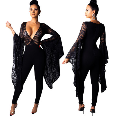 Black Lace Surplice Neck Bodycon Jumpuits R6138