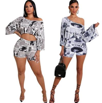 Women's Newspaper Set Shorts Drop Shoulder Two-piece Printing Loose Sexy AL078