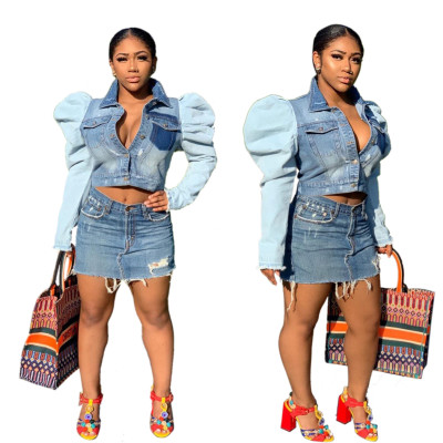 Contrast Color Oversize Bubble Sleeves Denim Short Top LA3145