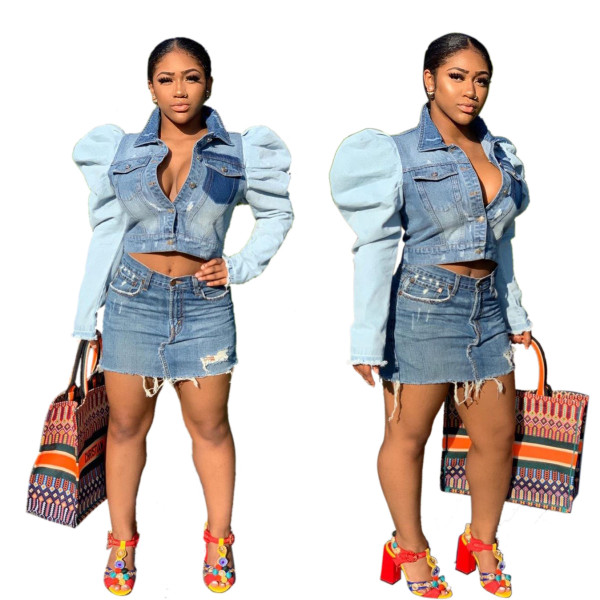 Contrast Color Oversize Bubble Sleeves Denim Short Top LA3145