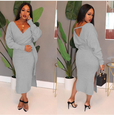 Female Pure Color Deep V Collar Split Ankle Length Dress WJ5059