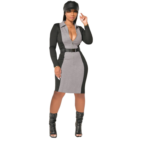 Contrasting color ladies dress ribbed autumn and winter zipper skirt (including belt) YY5227