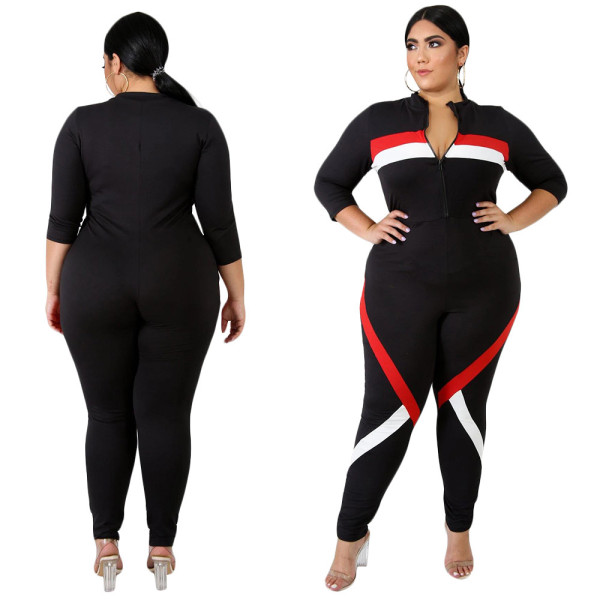 Running Female Zipper Oversize Striped Patchwork Jumpsuit NY5001