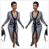 Fashion Women Plaid Deep V Neck Split Dress YYZ913