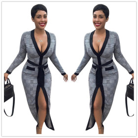Fashion Women Plaid Deep V Neck Split Dress YYZ913