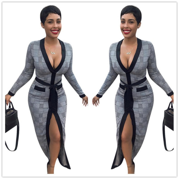 Fashion Women Plaid Deep V Neck Split Dress YYZ913