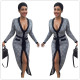 Fashion Women Plaid Deep V Neck Split Dress YYZ913