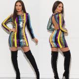 Sequins Colorful Striped Print Backless Mini Dress QZ6065