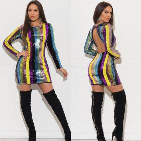 Sequins Colorful Striped Print Backless Mini Dress QZ6065