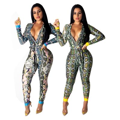 Wholesale Deep V Collar Snake Print Tight Jumpsuit SMR9282