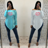 Casual Lip Print Irregular Long Sleeves Women Top ML7176