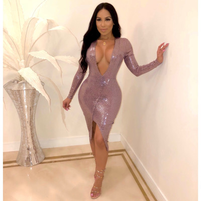 Halloween sequined dress sexy V-neck irregular long-sleeved dress YM8315
