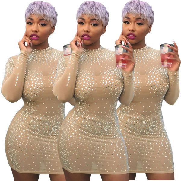 Sexy Long Sleeve Rhinestone Flower Pattern Solid Bodycon Dress Q164