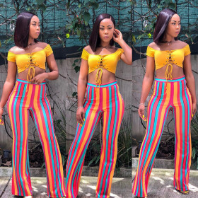 Online Sale Women Colorful Striped Midi Waist Flared Pants ORY5047