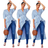 Irregular Blue And White Stripe Women Shirts YMT6073