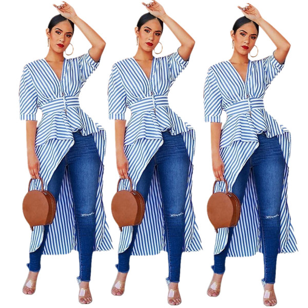 Irregular Blue And White Stripe Women Shirts YMT6073