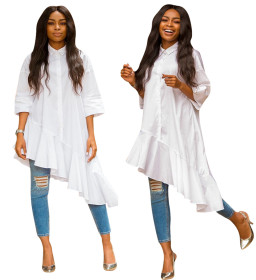Casual Irregular Ruffle White Shirt Dress For Ladies YMT6034
