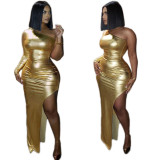 Glitter Sexy Clubwear Single Shoulder Long Sleeved Split Dress C2046
