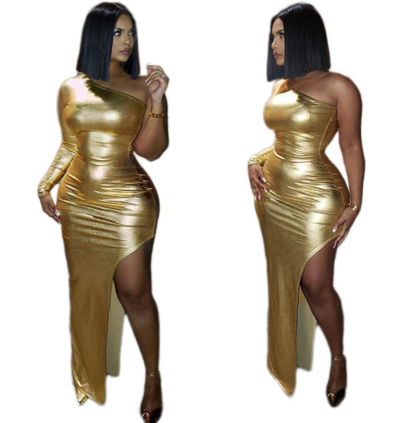 Glitter Sexy Clubwear Single Shoulder Long Sleeved Split Dress C2046