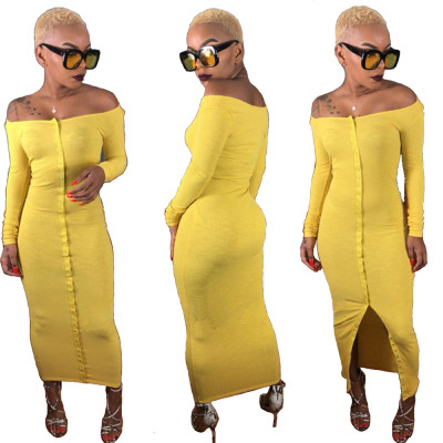 Bodycon Split Yellow A Word Shoulder Long Dress BN9131