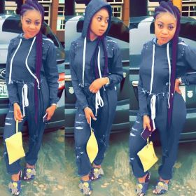Stylish Denim Women Suits Hooded Top Elastic Pants DN8156