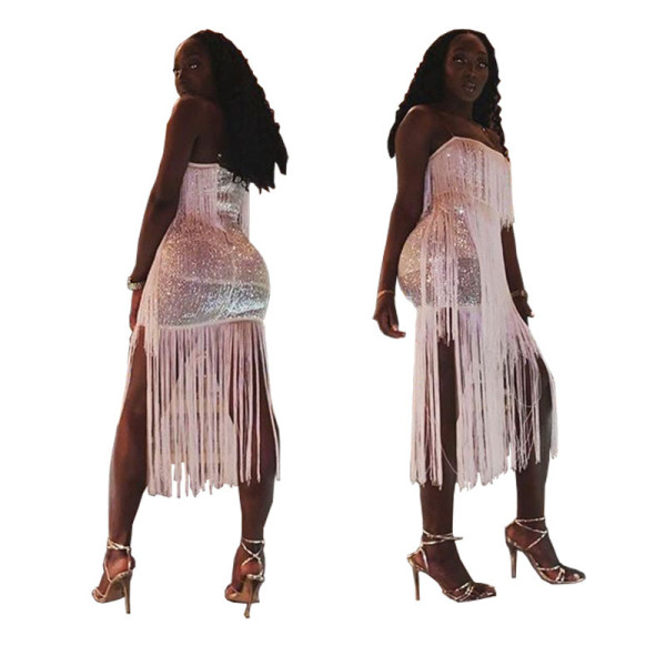 Eye-Catching Ladies Tassel Sequined Condole Belt Wrap Dress CCY8227