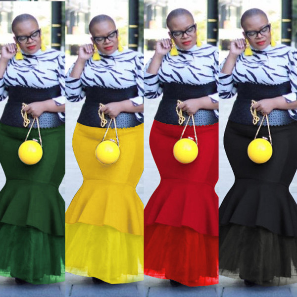 Plus Size Plain Color Lace Splicing Flounced Skirt For Women K8870