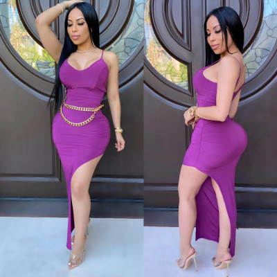 Sexy solid color sling halter side high slit dress dress dress HM5346