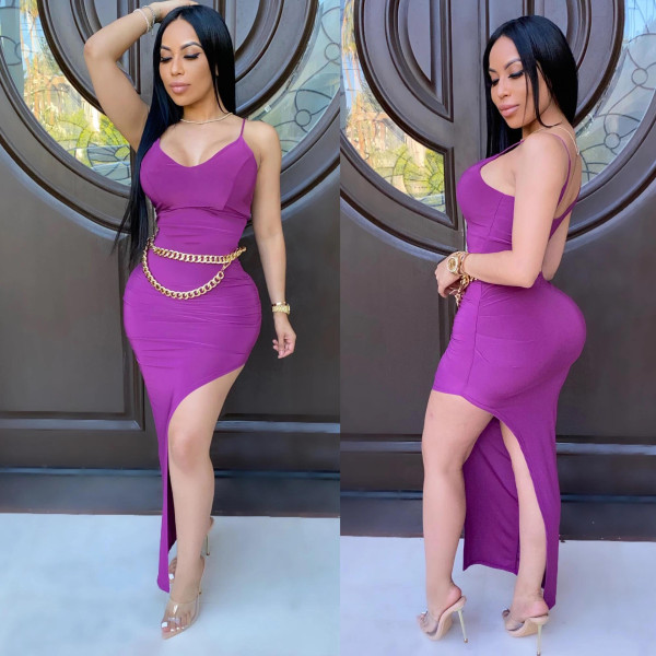 Sexy solid color sling halter side high slit dress dress dress HM5346