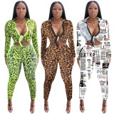 Autumn Printing Hot Outfits Tied Crop Top Skinny Pants QQM3830