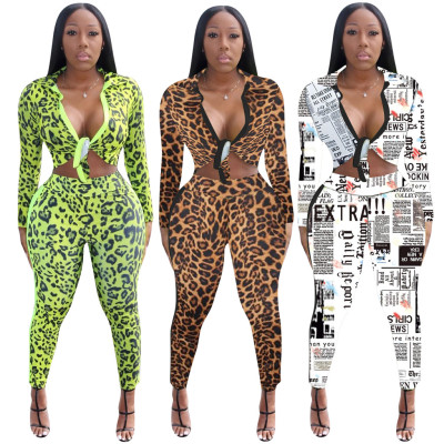 Autumn Printing Hot Outfits Tied Crop Top Skinny Pants QQM3830