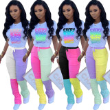 Sexy women's stitching zou print T-shirt short sleeve sports suit KZ136