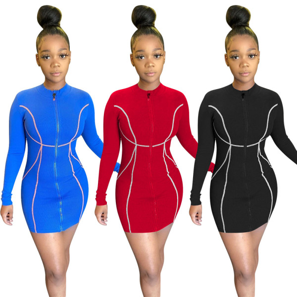 Fashion Contrast Zipper Long Sleeves Bodycon Mini Dress OMM1169